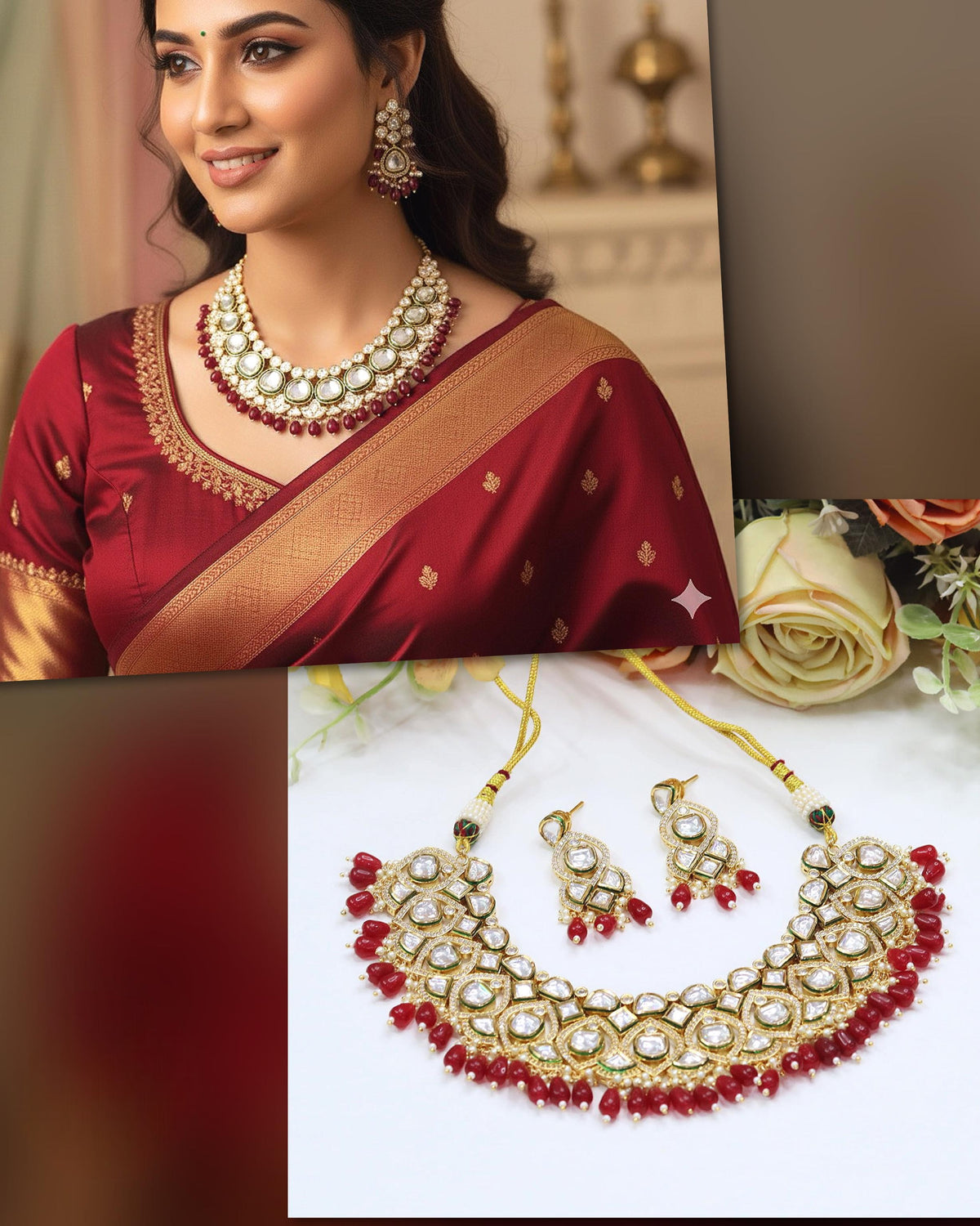 Ruby Red Kundan Pearl Bridal Necklace & Earrings Set – Elegant Wedding Jewelry - Libasaa.com