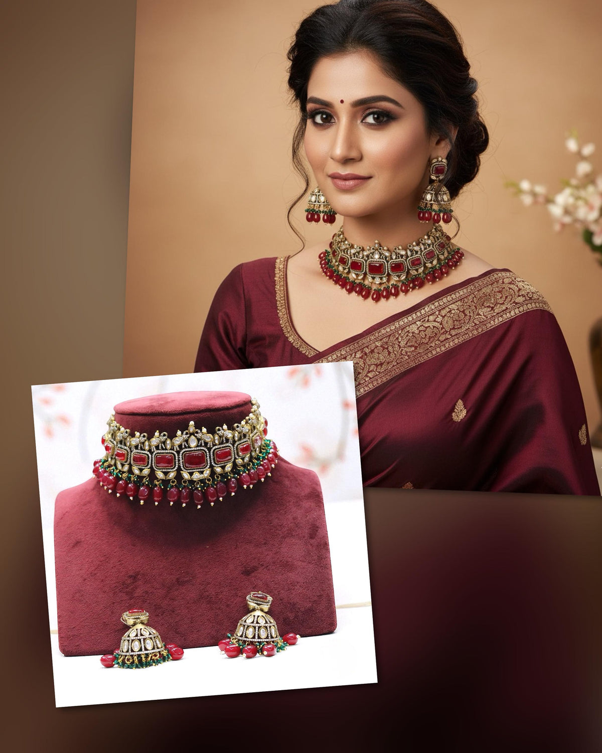 Pearl Ruby Red Jhhumki Earrings & Choker Necklace Set – Kundan Jewelry - Libasaa.com