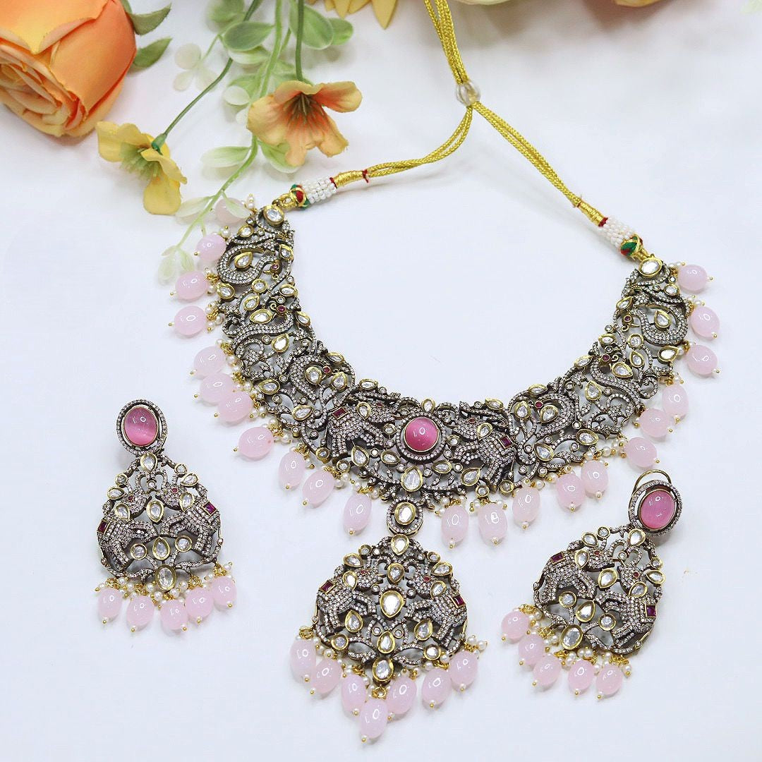 Pink Beaded Kundan Pearl Necklace Set with Earrings – Bridal & Party Wear Jewelry - Libasaa.com