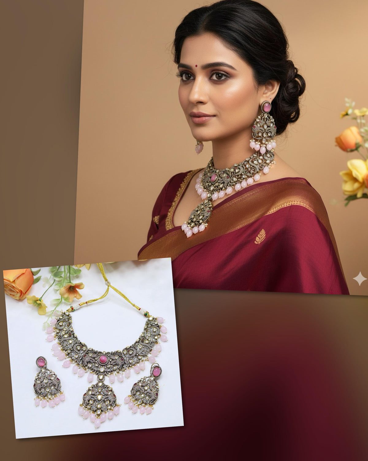 Pink Beaded Kundan Pearl Necklace Set with Earrings – Bridal & Party Wear Jewelry - Libasaa.com