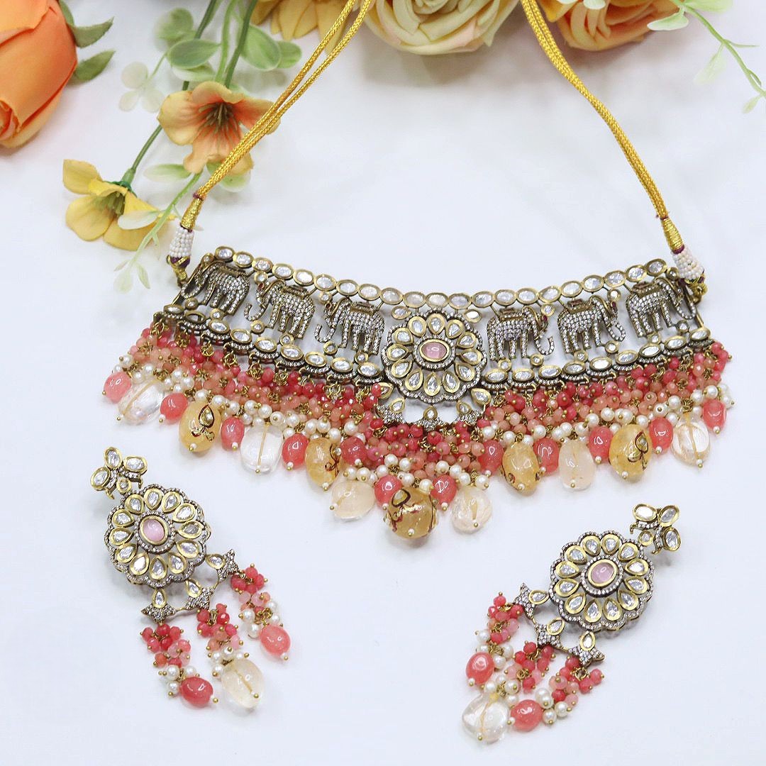 Elephant-Inspired Choker Pearl Necklace Set with Earrings – Bridal & Party Wear Jewelry - Libasaa.com