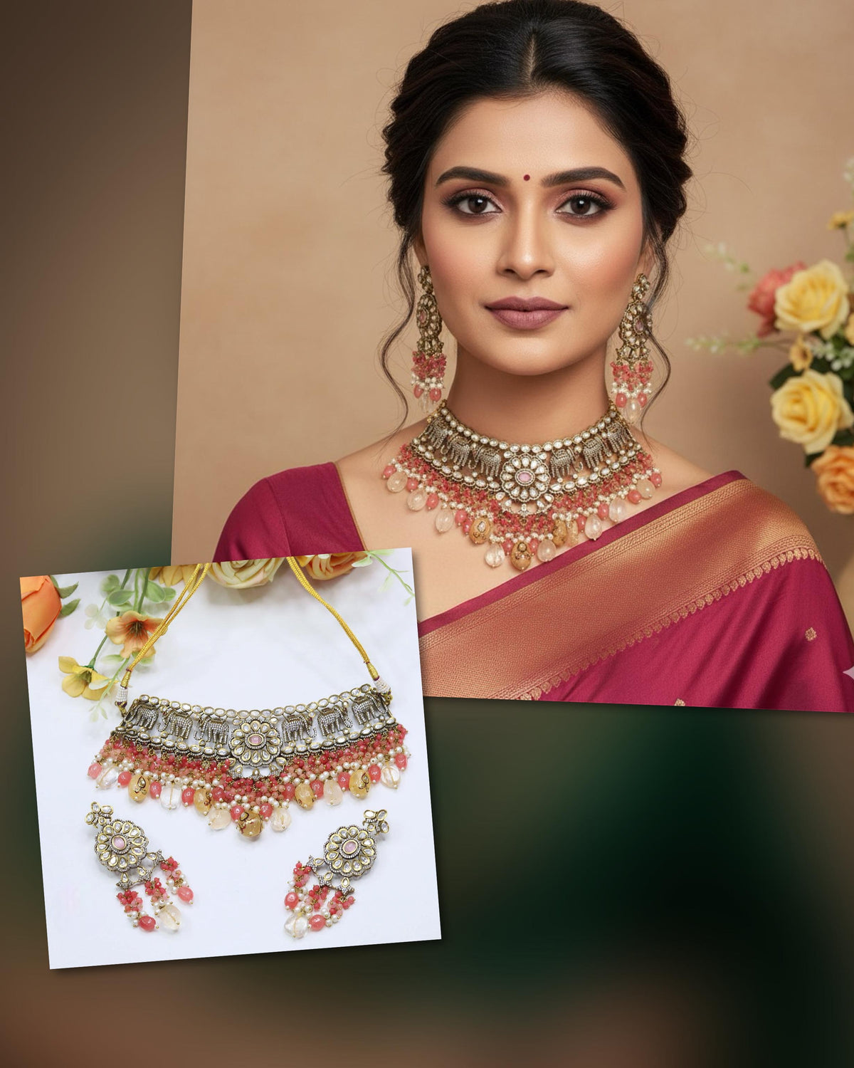 Elephant-Inspired Choker Pearl Necklace Set with Earrings – Bridal & Party Wear Jewelry - Libasaa.com