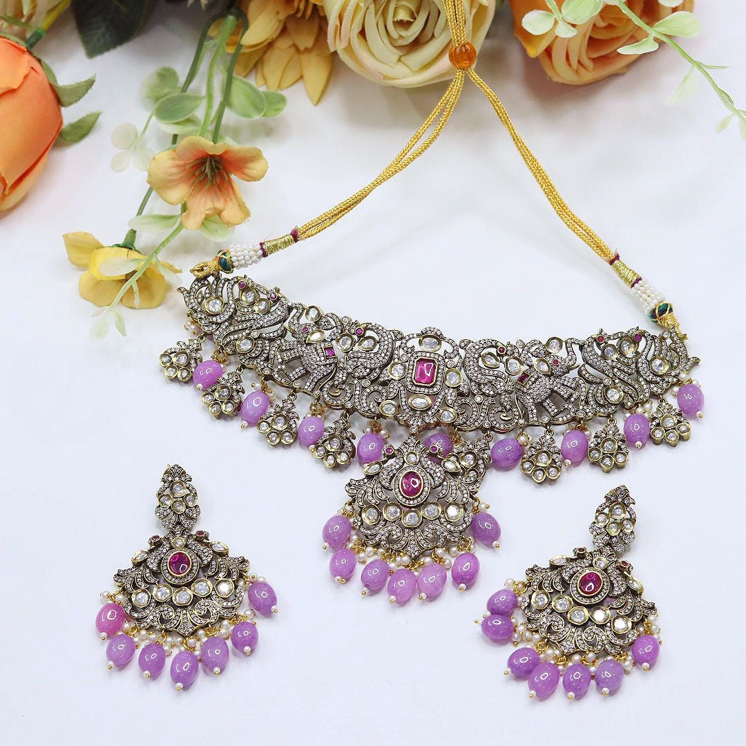 Elephant-Inspired Choker Pearl Necklace Set with Earrings – Bridal & Party Wear Jewelry - Libasaa.com