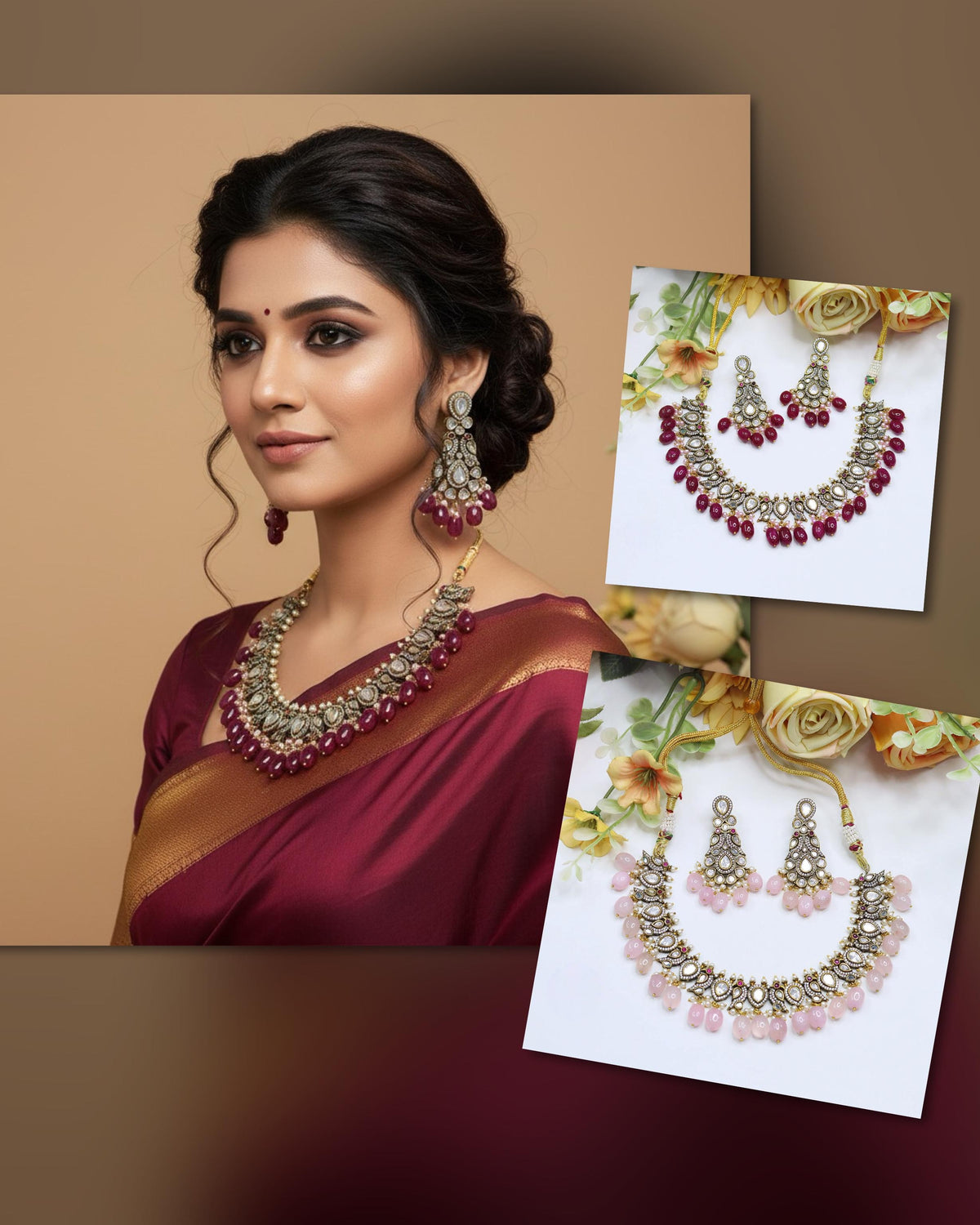 Ruby Red Beaded Kundan Necklace Set with Earrings – Bridal & Party Wear Jewelry - Libasaa.com