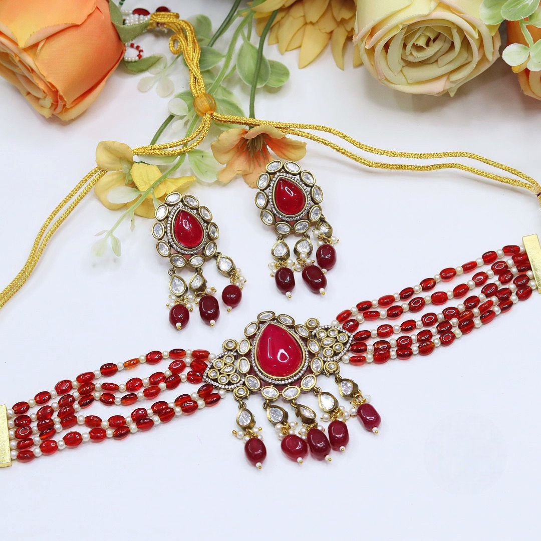 Green Beaded Kundan Necklace Set with Earrings – Bridal & Festive Jewelry - Libasaa.com