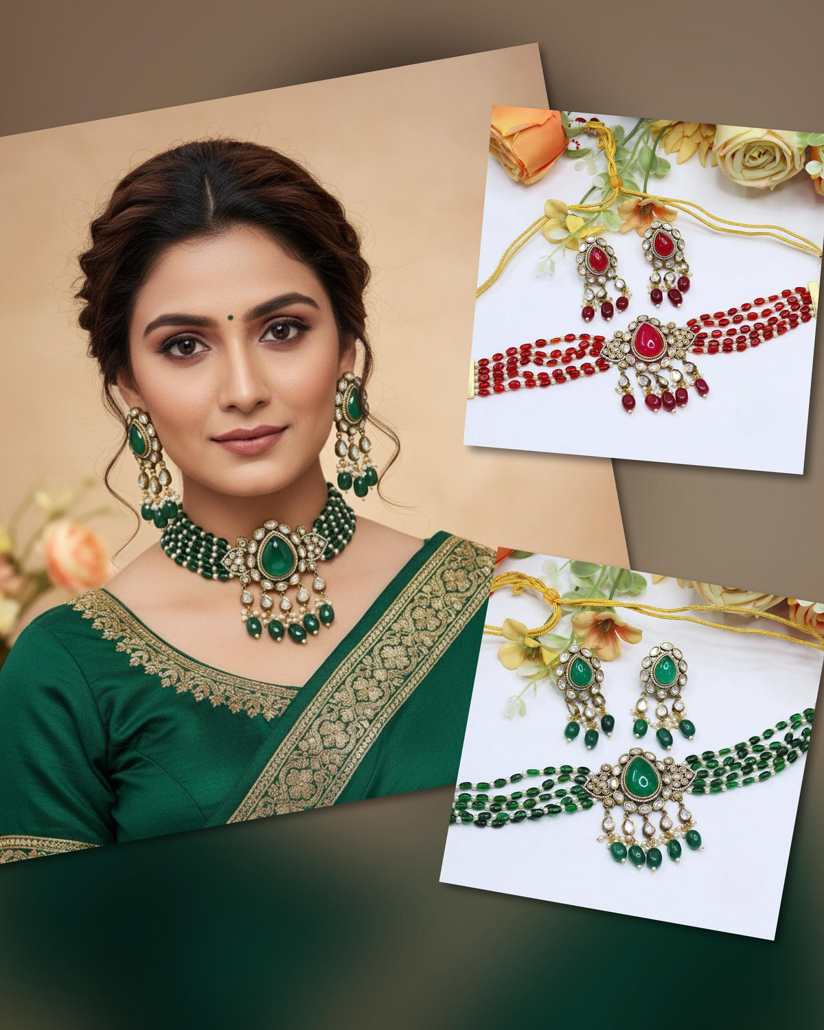 Green Beaded Kundan Necklace Set with Earrings – Bridal & Festive Jewelry - Libasaa.com