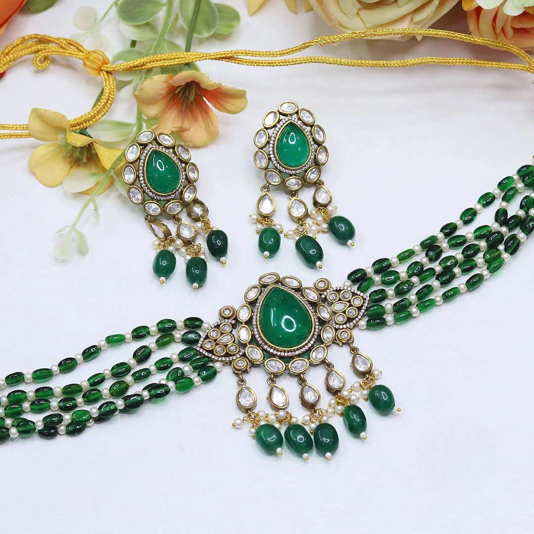 Green Beaded Kundan Necklace Set with Earrings – Bridal & Festive Jewelry - Libasaa.com
