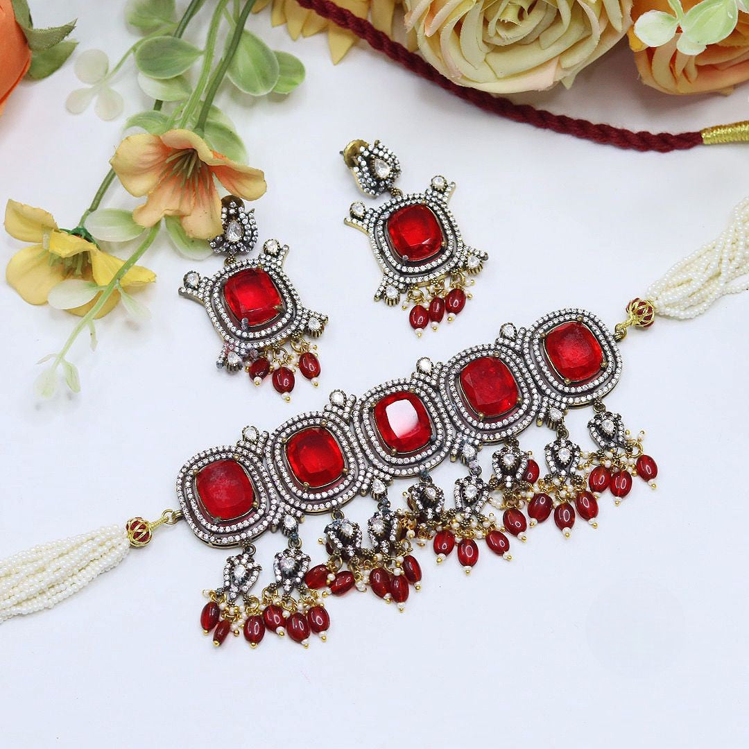 Royal Red Stone Kundan Choker Necklace Set with Earrings – Bridal & Wedding Jewelry - Libasaa.com