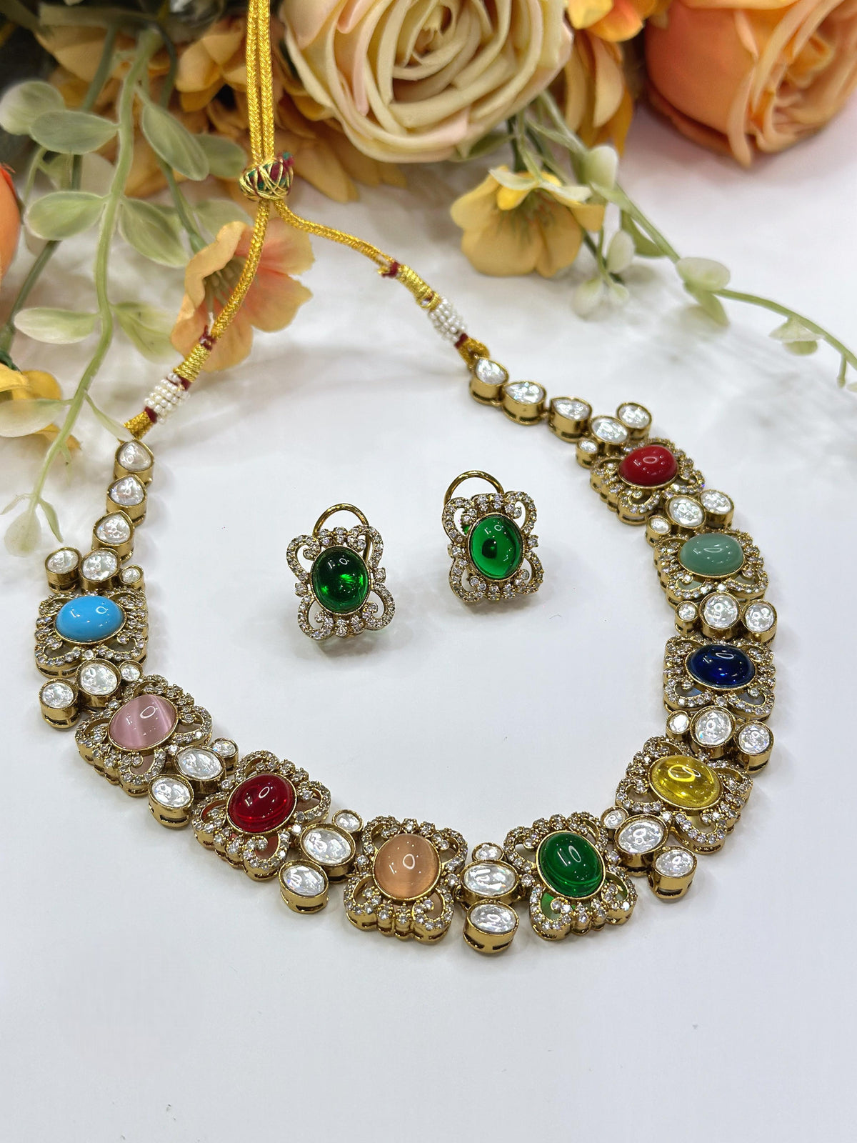 Multicolor Kundan Bridal Necklace & Earrings Set – Elegant Wedding Jewelry - Libasaa.com