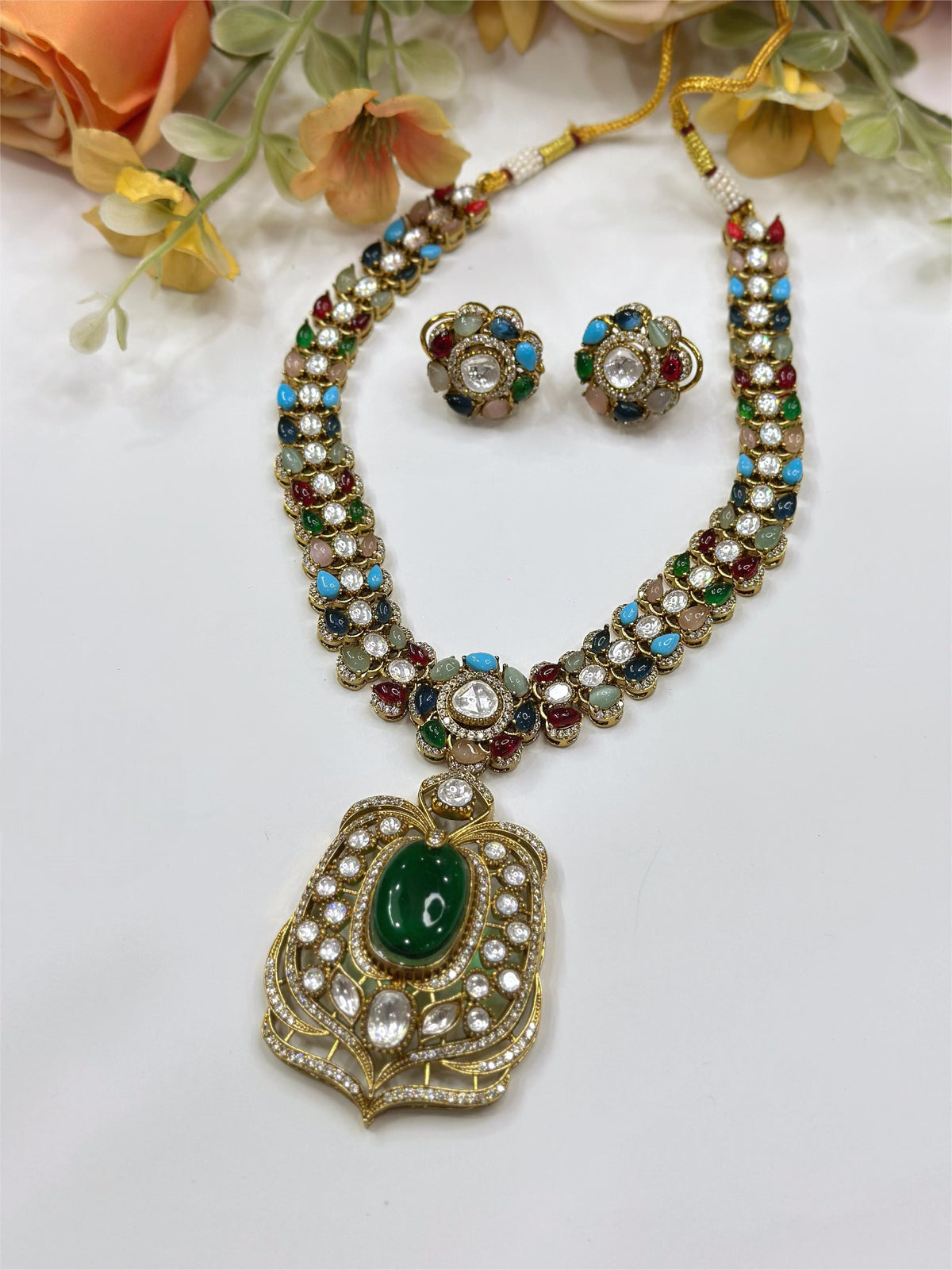 Multicolor Kundan Necklace Set with Earrings – Bridal & Party Wear Jewelry - Libasaa.com
