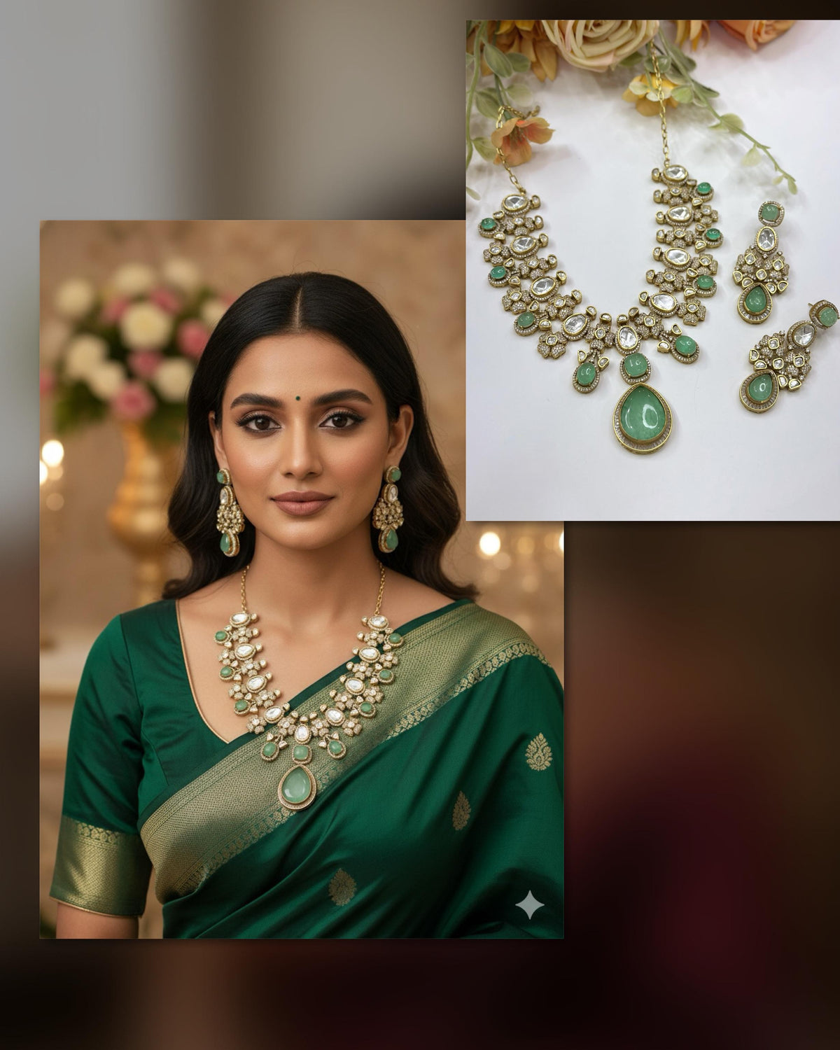 Emerald Green Kundan Bridal Necklace & Earrings Set – Traditional Indian Wedding Jewelry - Libasaa.com