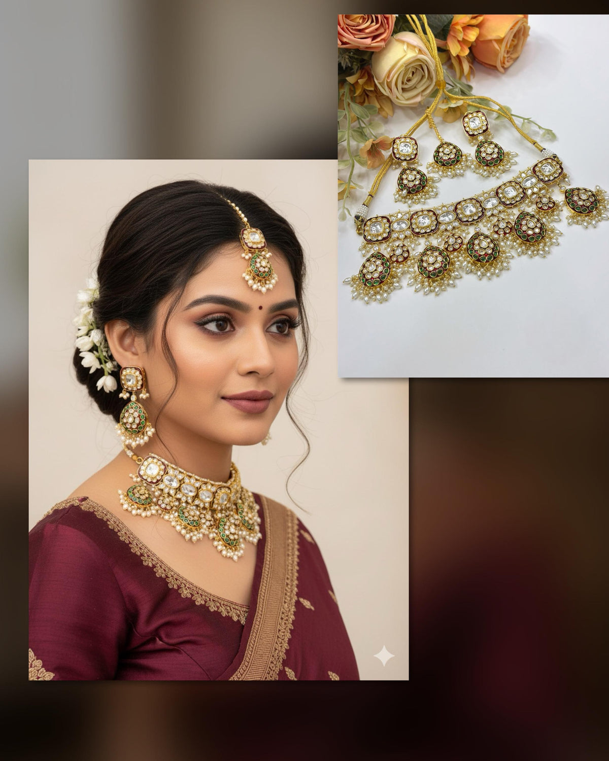 Green Pearl Stone Bridal Necklace, Earrings & Maang Tikka Set – Traditional Indian Wedding Jewelry - Libasaa.com
