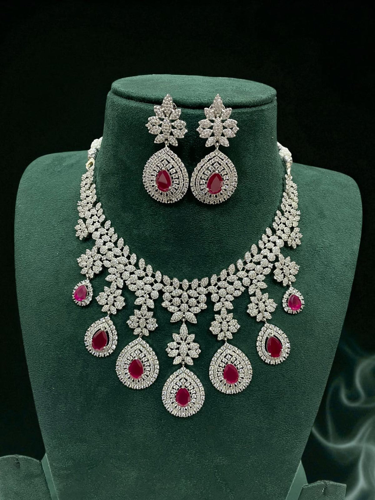 Emerald Drop CZ Bridal Necklace Set Diamond Finish Statement Jewelry - Libasaa.com