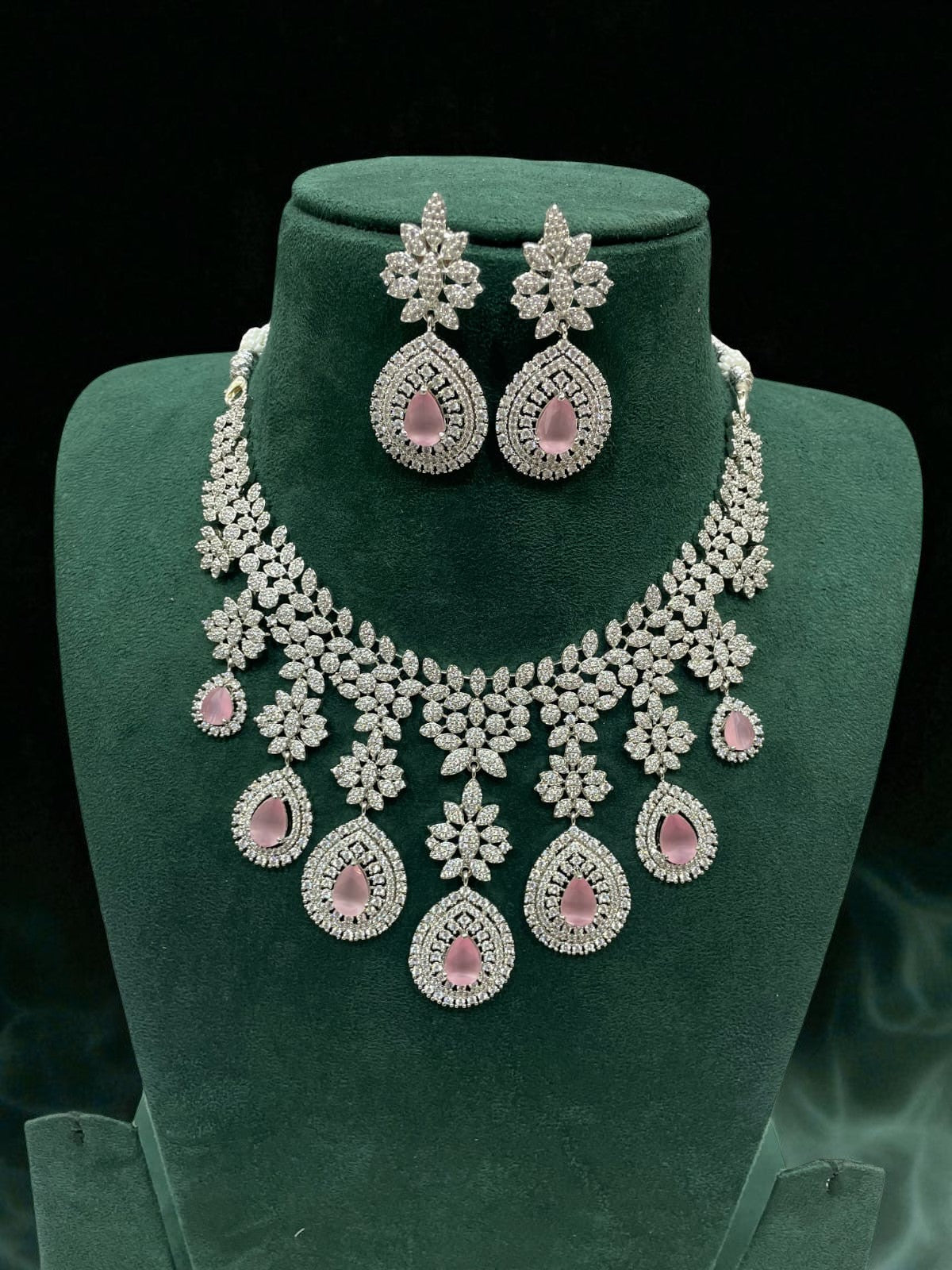 Emerald Drop CZ Bridal Necklace Set Diamond Finish Statement Jewelry - Libasaa.com
