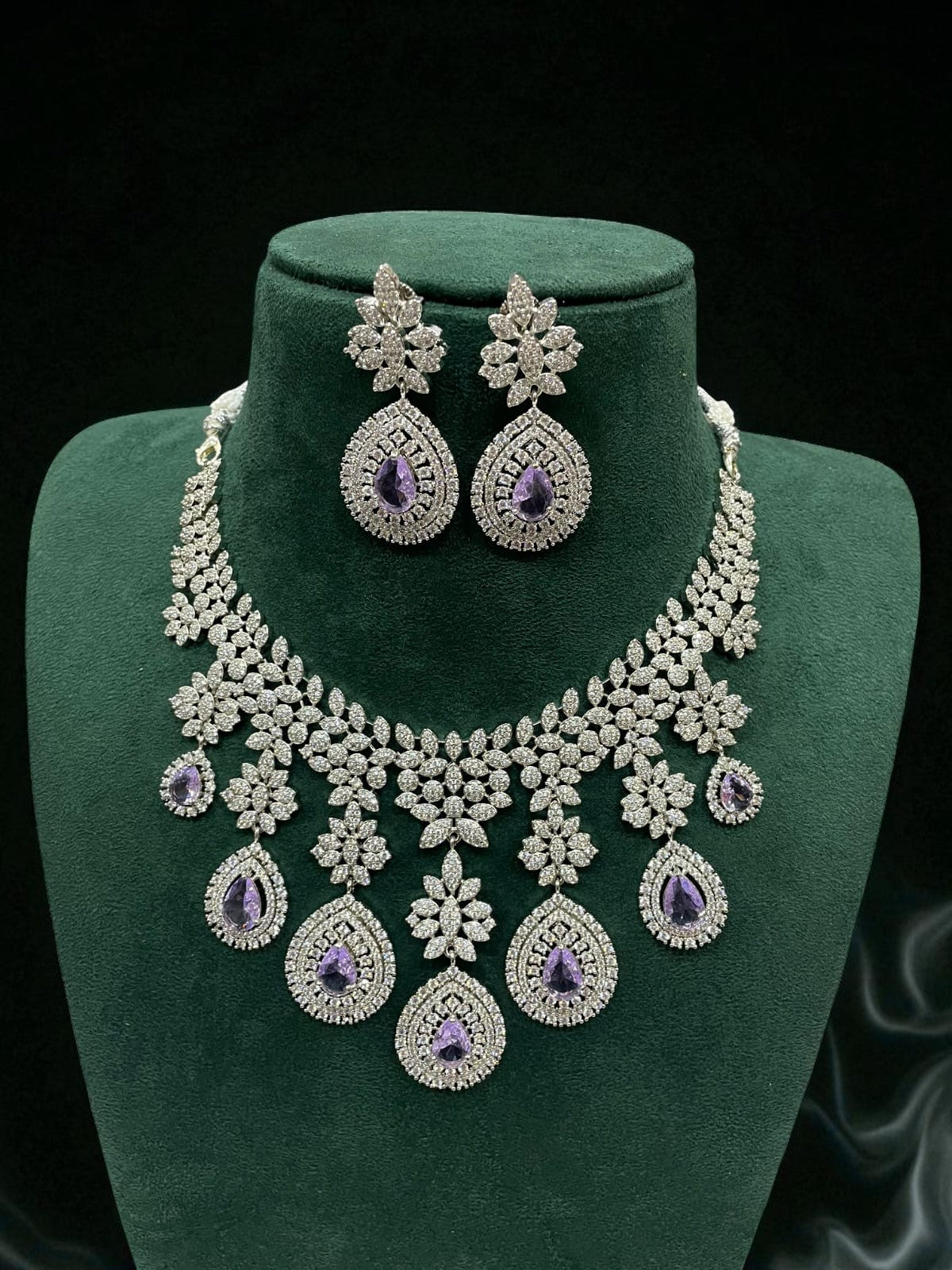 Emerald Drop CZ Bridal Necklace Set Diamond Finish Statement Jewelry - Libasaa.com