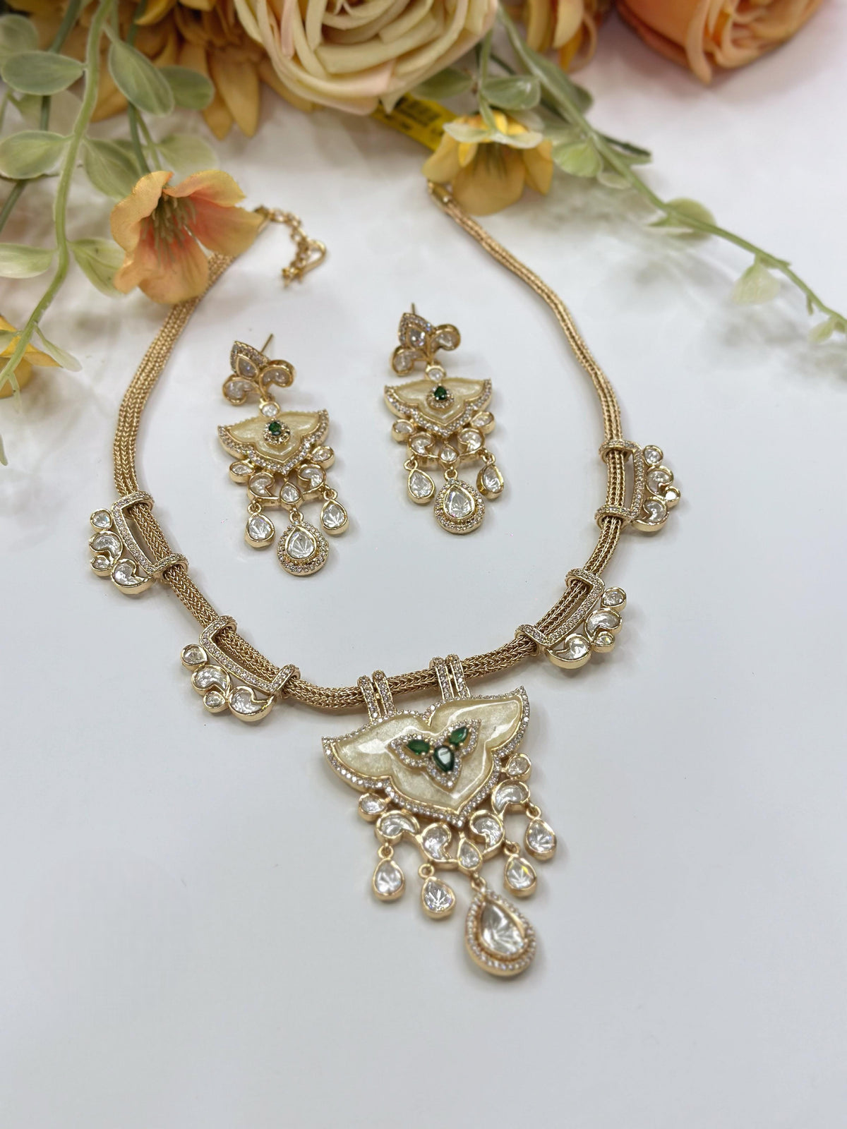 Elegant Kundan Choker Necklace Set with Drop Earrings – Pearl & Green Stone - Libasaa.com