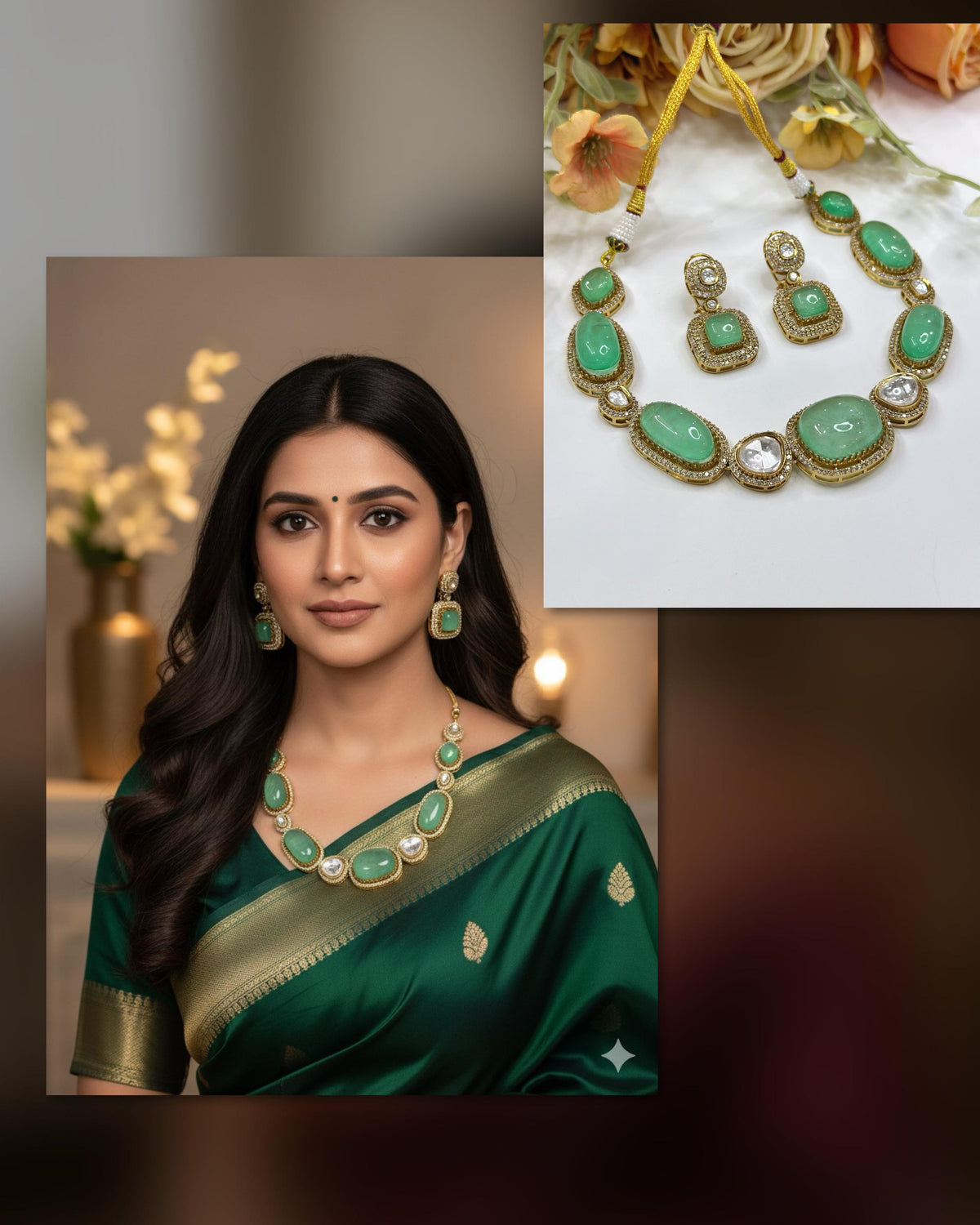Antique Gold-Toned Polki and Green Stone Necklace Set with Matching Earrings - Libasaa.com