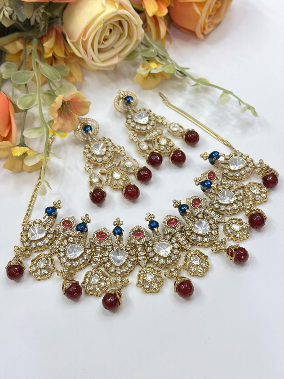 Exquisite Polki & Ruby Red Beaded Choker Set with Matching Earrings - Libasaa.com