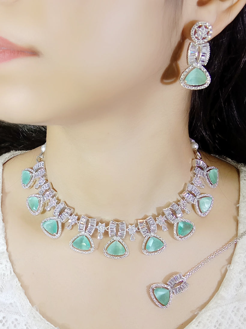 Exclusive Designer Tri-Cut Pink Stone & Zircon Necklace Set - Libasaa.com