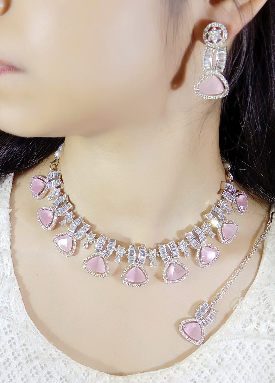 Exclusive Designer Tri-Cut Pink Stone & Zircon Necklace Set - Libasaa.com