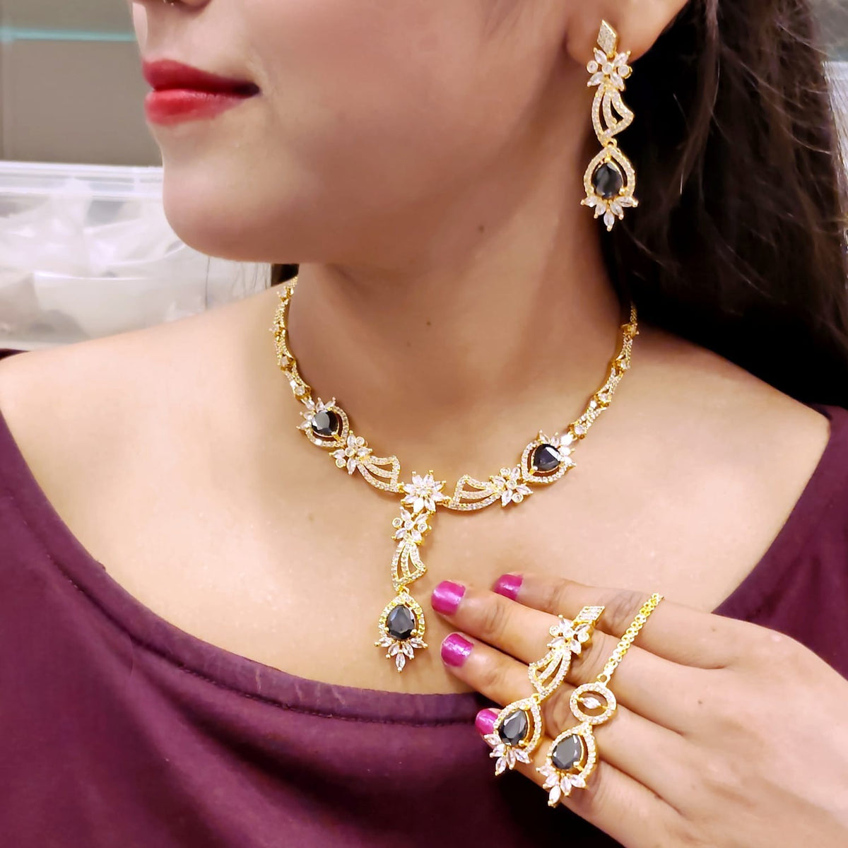 Mint Green Stone & Gold Plated American Diamond Necklace Set - Libasaa.com