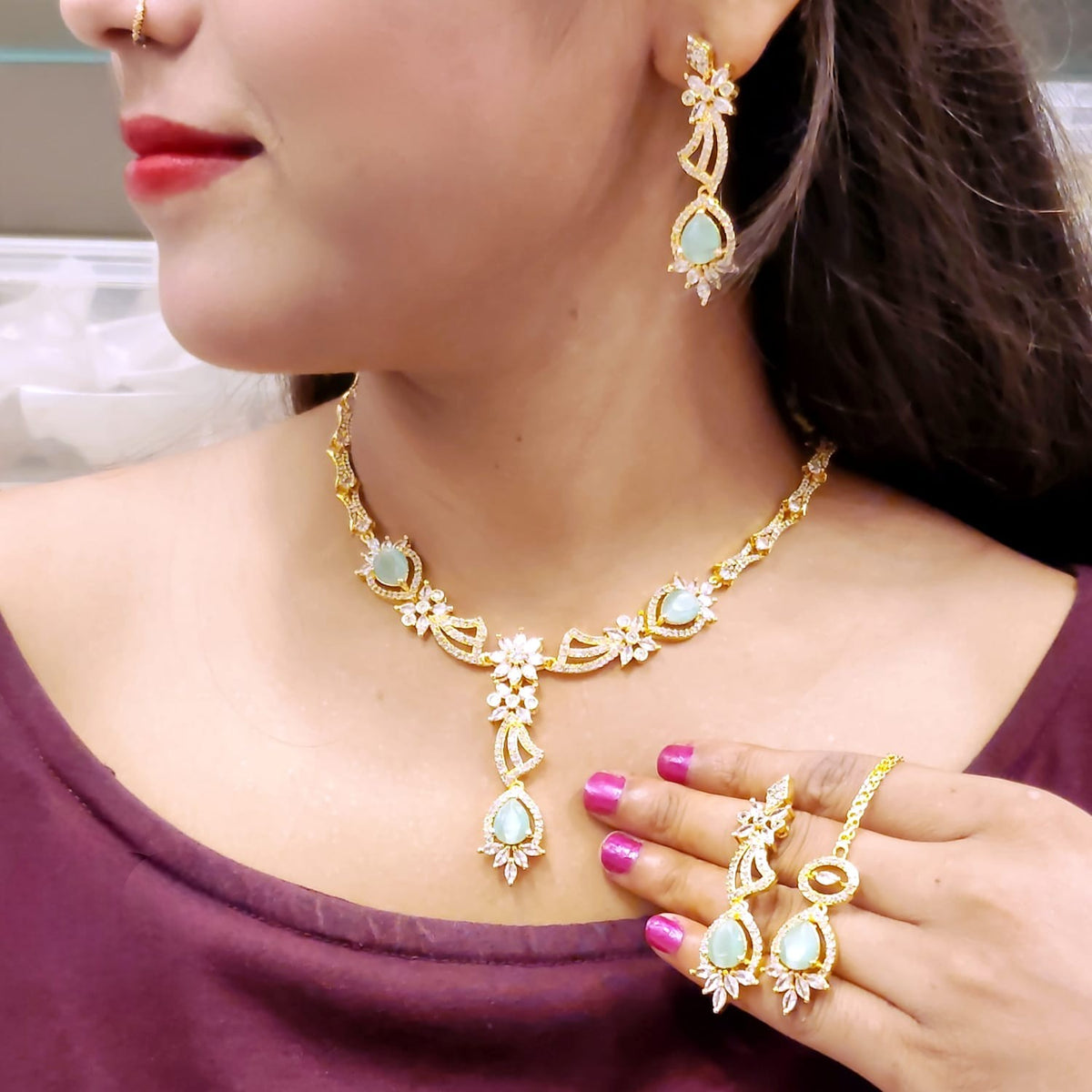 Mint Green Stone & Gold Plated American Diamond Necklace Set - Libasaa.com
