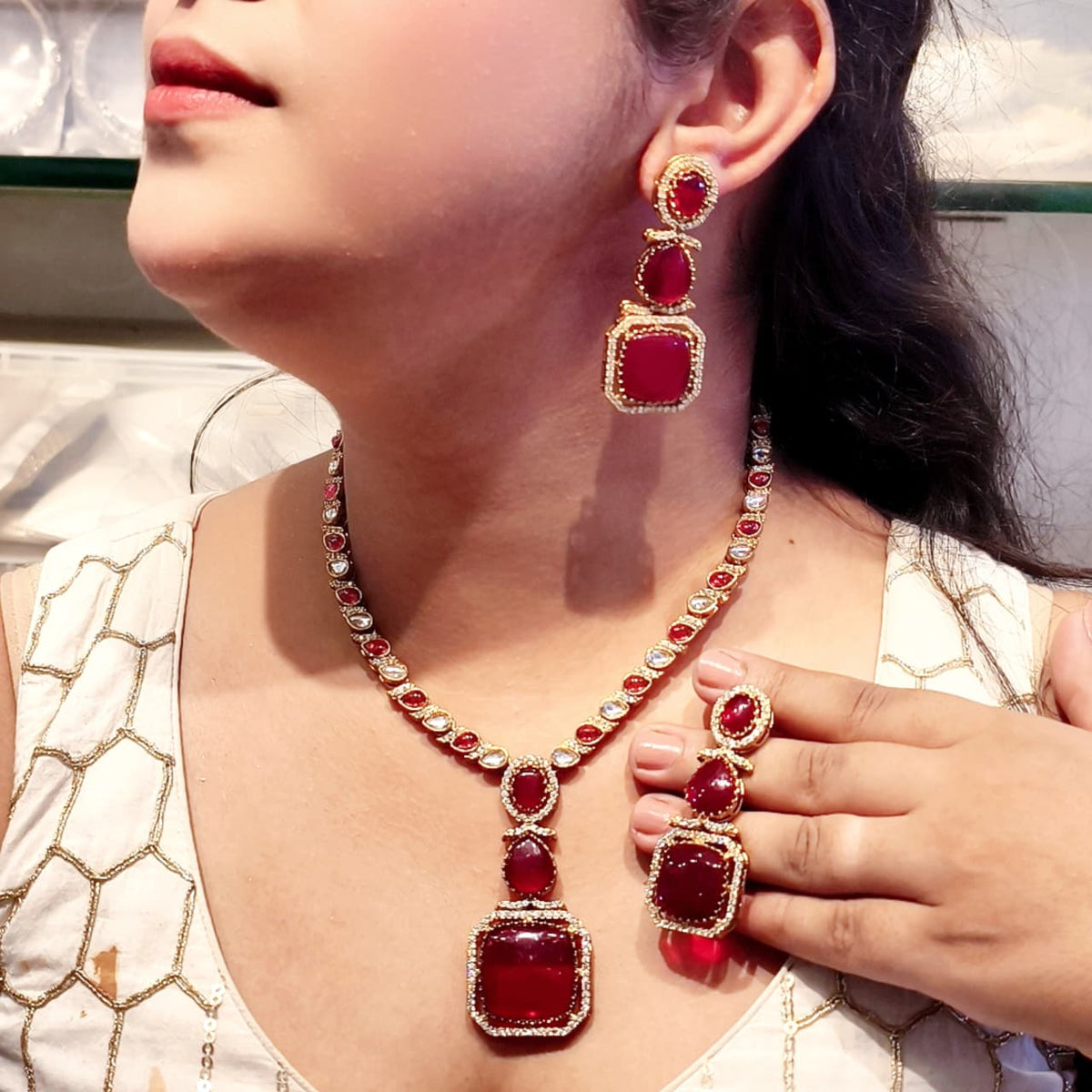 Designer Gold Tone Kundan Style Multi-Stone Party Wear Necklace Set for Women - Libasaa.com