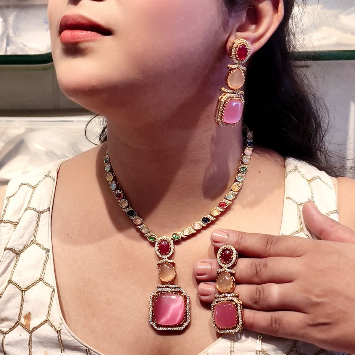 Designer Gold Tone Kundan Style Multi-Stone Party Wear Necklace Set for Women - Libasaa.com