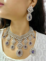 Luxury Diamond Look & Deep Purple Stone Bridal Choker Set with Maangtika - Libasaa.com