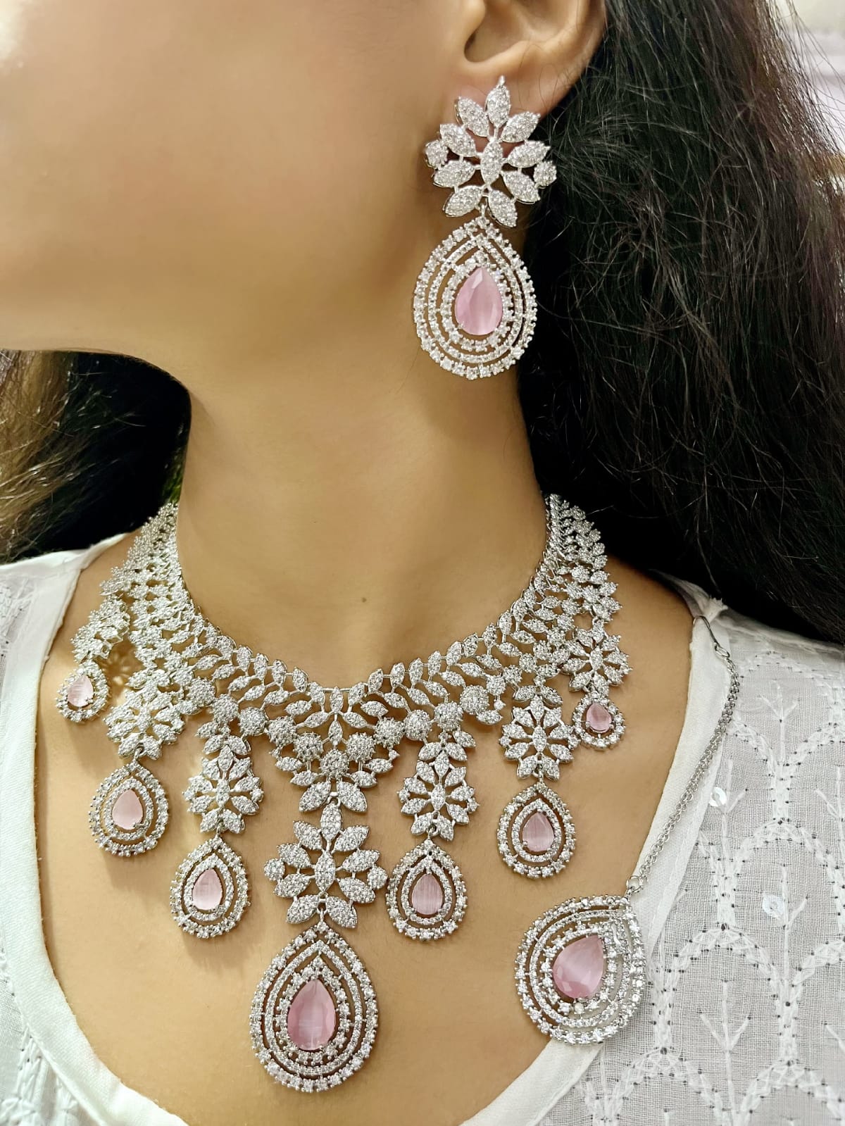 Luxury Diamond Look & Deep Purple Stone Bridal Choker Set with Maangtika - Libasaa.com