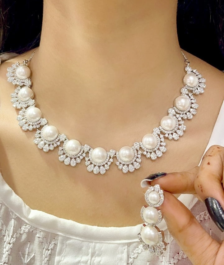 Classic Pearl & Zircon Sparkle Necklace Set β Elegant Party Wear Jewelry for Women - Libasaa.com