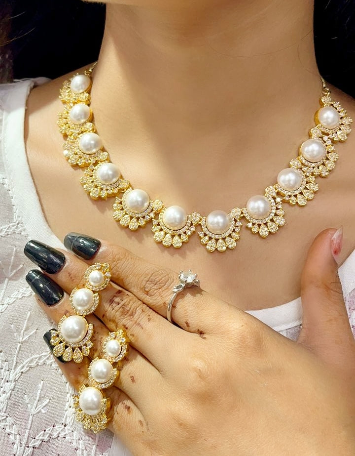 Classic Pearl & Zircon Sparkle Necklace Set β Elegant Party Wear Jewelry for Women - Libasaa.com
