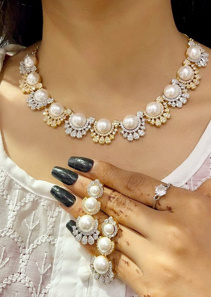 Classic Pearl & Zircon Sparkle Necklace Set β Elegant Party Wear Jewelry for Women - Libasaa.com