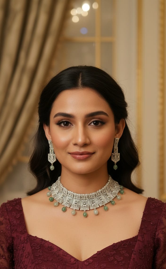 Elegant Silver Choker Necklace Set with Pink Bead Drops - Libasaa.com