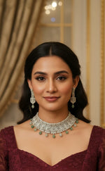 Elegant Silver Choker Necklace Set with Pink Bead Drops - Libasaa.com