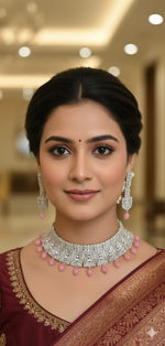 Elegant Silver Choker Necklace Set with Pink Bead Drops - Libasaa.com