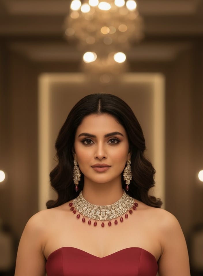 Royal Silver Choker Necklace Set with Ruby Red Stone Drops - Libasaa.com