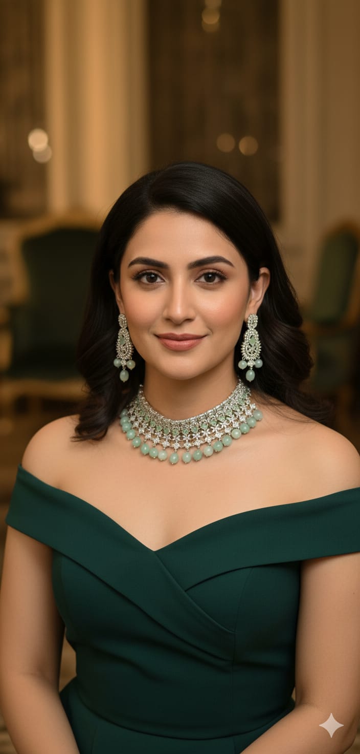 Mint Green Stone & Silver Choker Necklace Set – Elegant Designer Jewelry - Libasaa.com