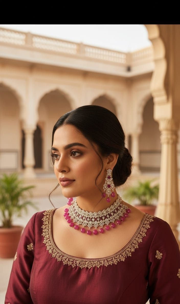 Exquisite Silver & Magenta Stone Necklace Set - Libasaa.com