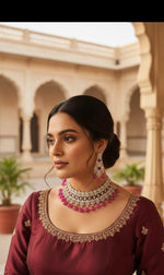 Exquisite Silver & Magenta Stone Necklace Set - Libasaa.com