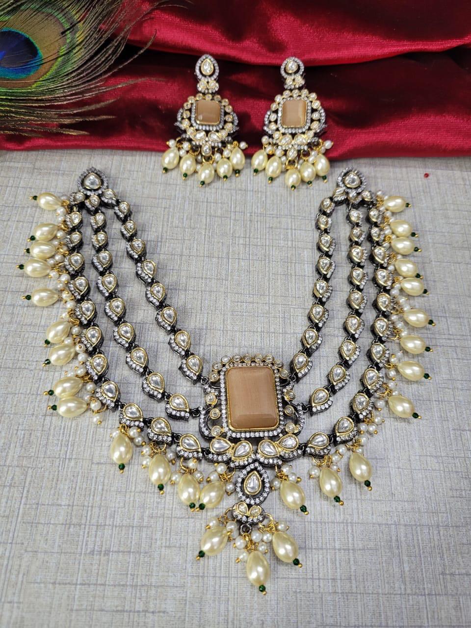 Premium Royal Emerald Kundan Choker Necklace Set with Pearls - Libasaa.com