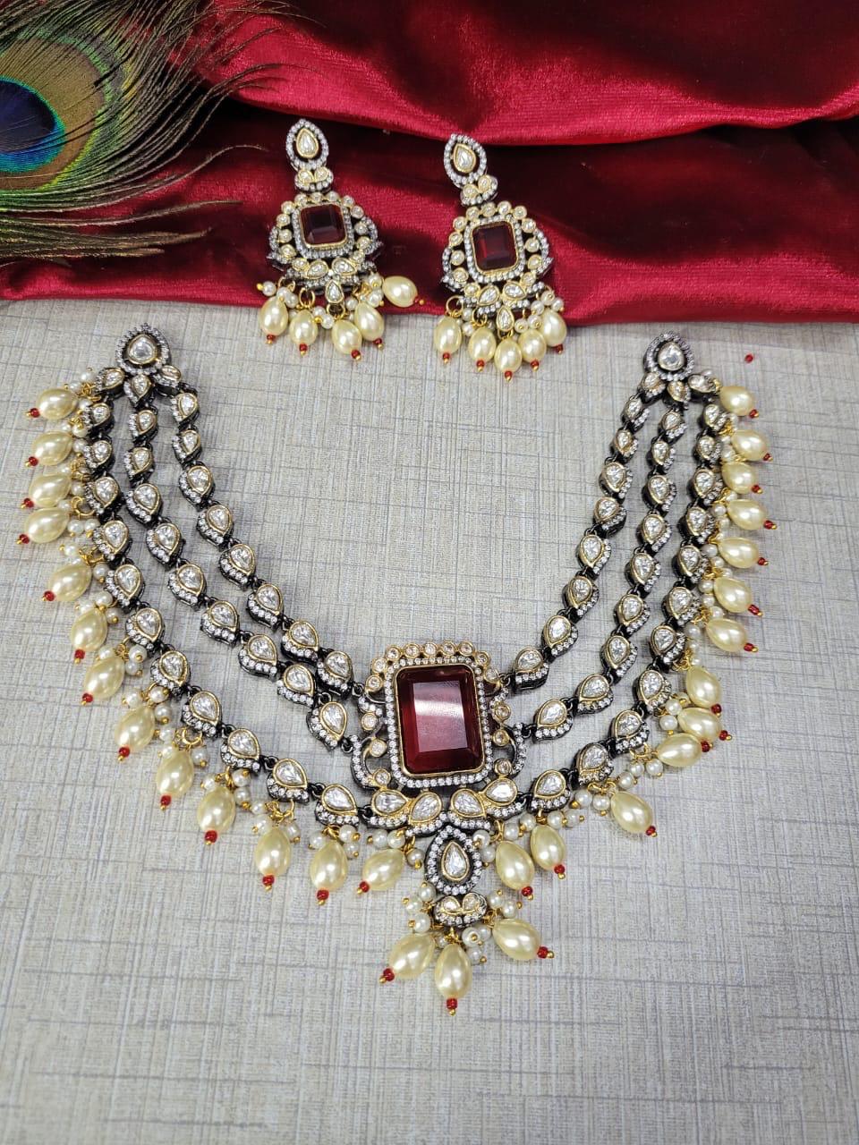 Premium Royal Emerald Kundan Choker Necklace Set with Pearls - Libasaa.com