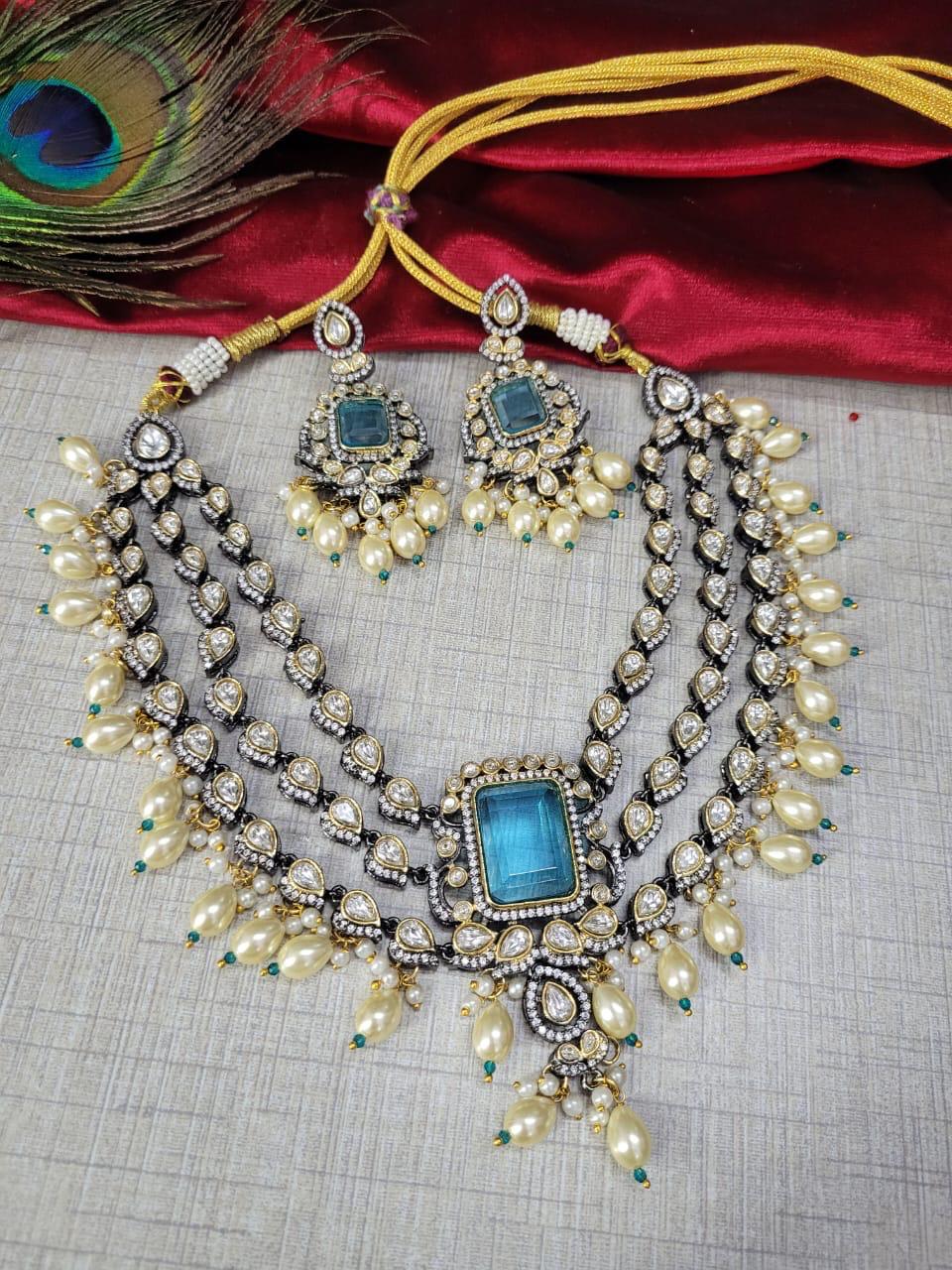 Premium Royal Emerald Kundan Choker Necklace Set with Pearls - Libasaa.com