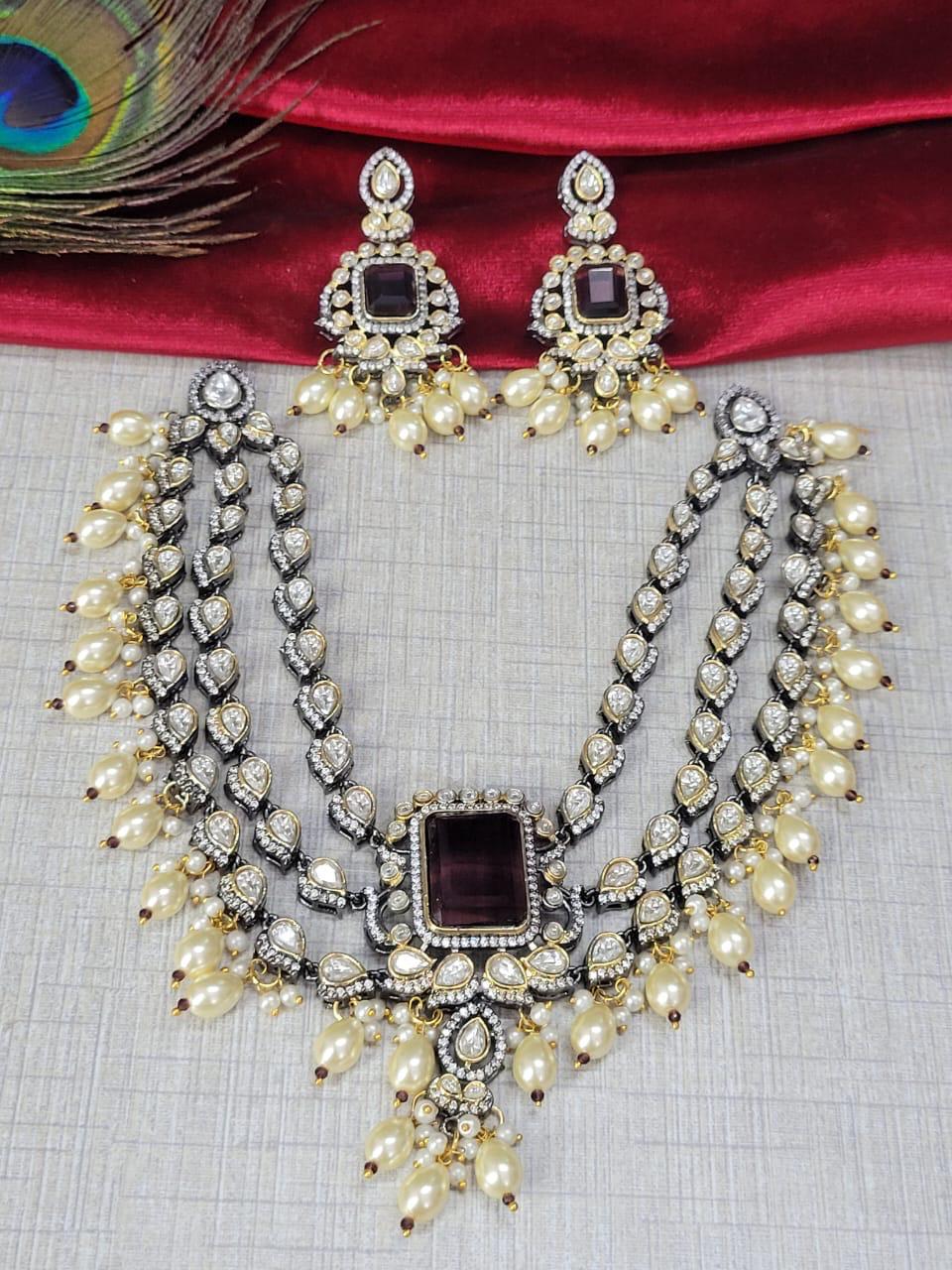 Premium Royal Emerald Kundan Choker Necklace Set with Pearls - Libasaa.com