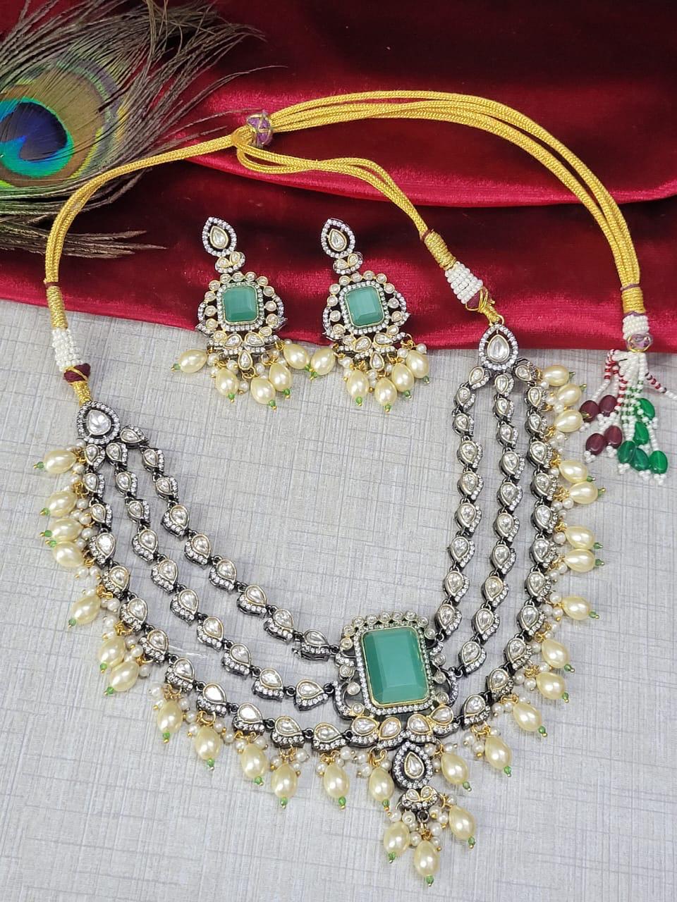 Premium Royal Emerald Kundan Choker Necklace Set with Pearls - Libasaa.com