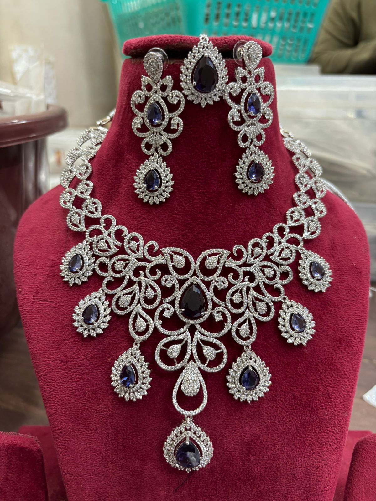 Royal Pink Elegance AD Necklace Set with Earrings & Maangtika β Premium Bridal Jewelry - Libasaa.com
