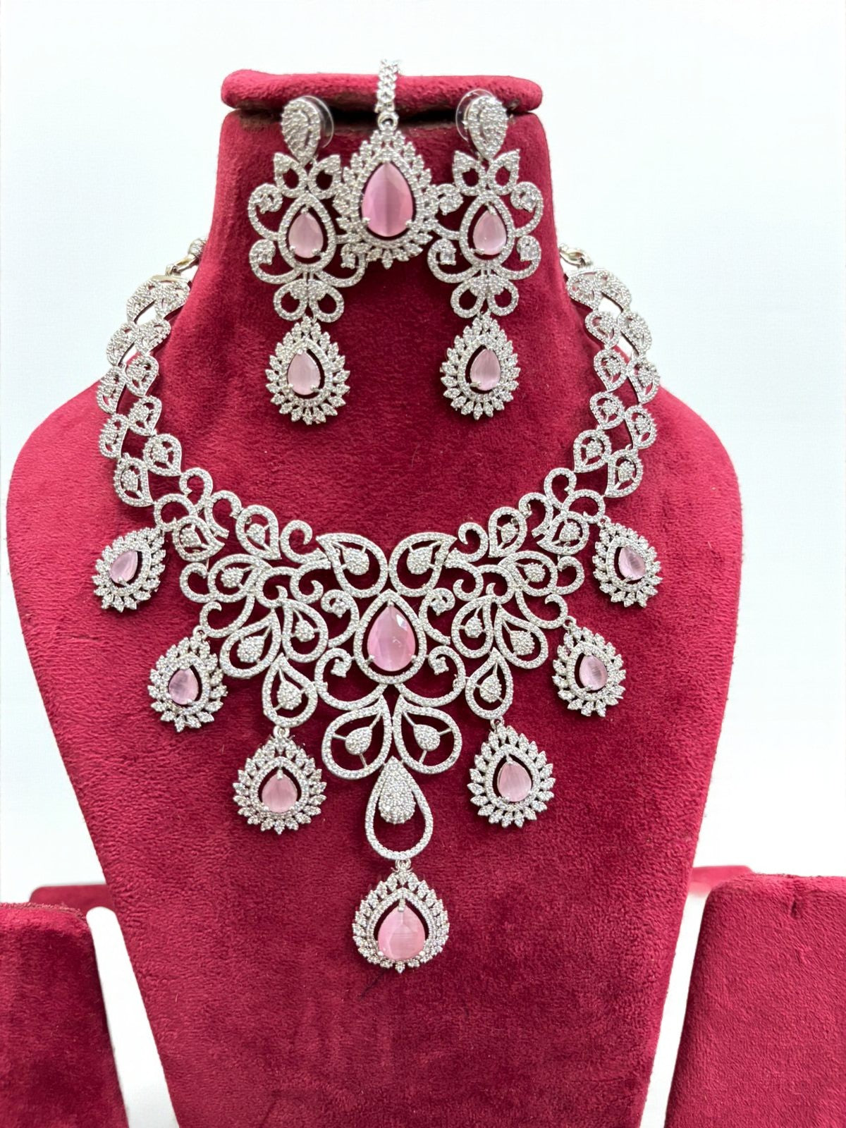Royal Pink Elegance AD Necklace Set with Earrings & Maangtika β Premium Bridal Jewelry - Libasaa.com