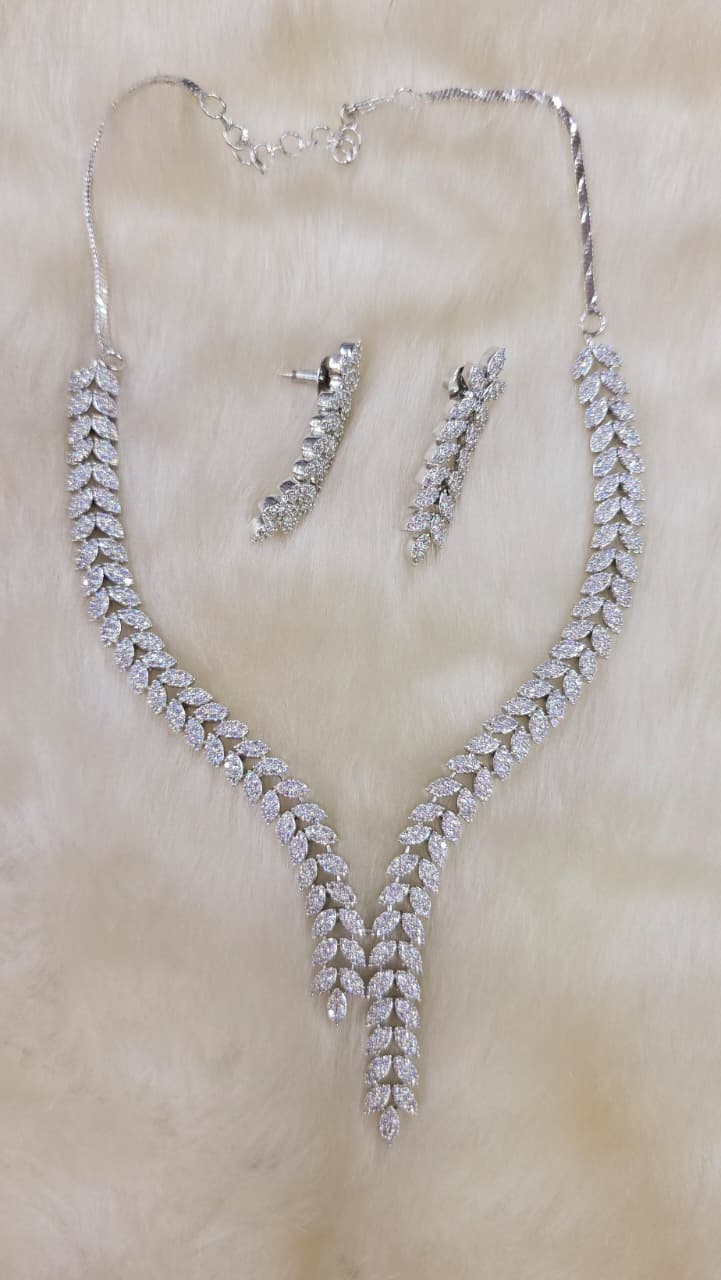 Elegant Leaf Design AD Necklace Set – Sparkling Party Perfection - Libasaa.com
