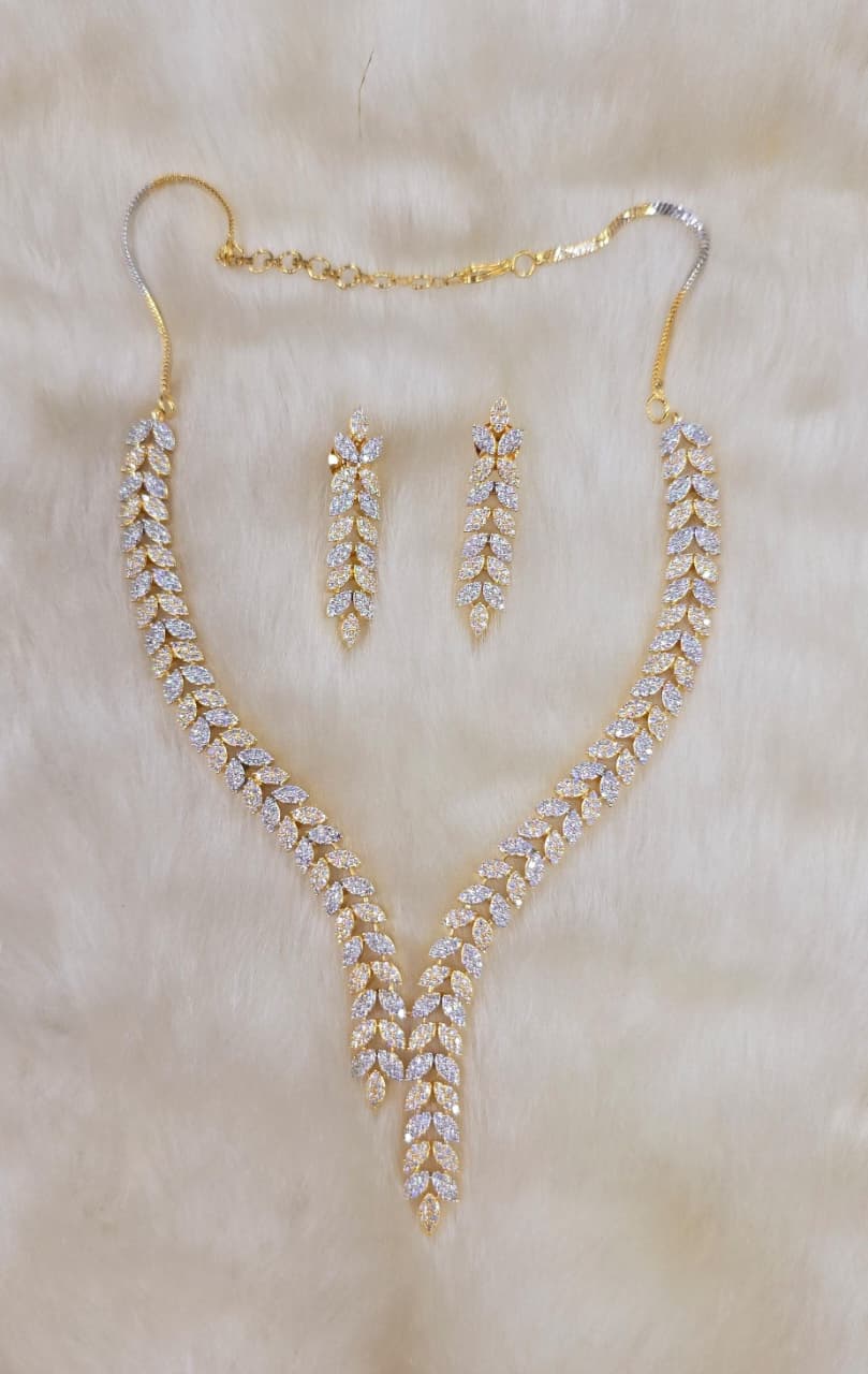 Elegant Leaf Design AD Necklace Set – Sparkling Party Perfection - Libasaa.com