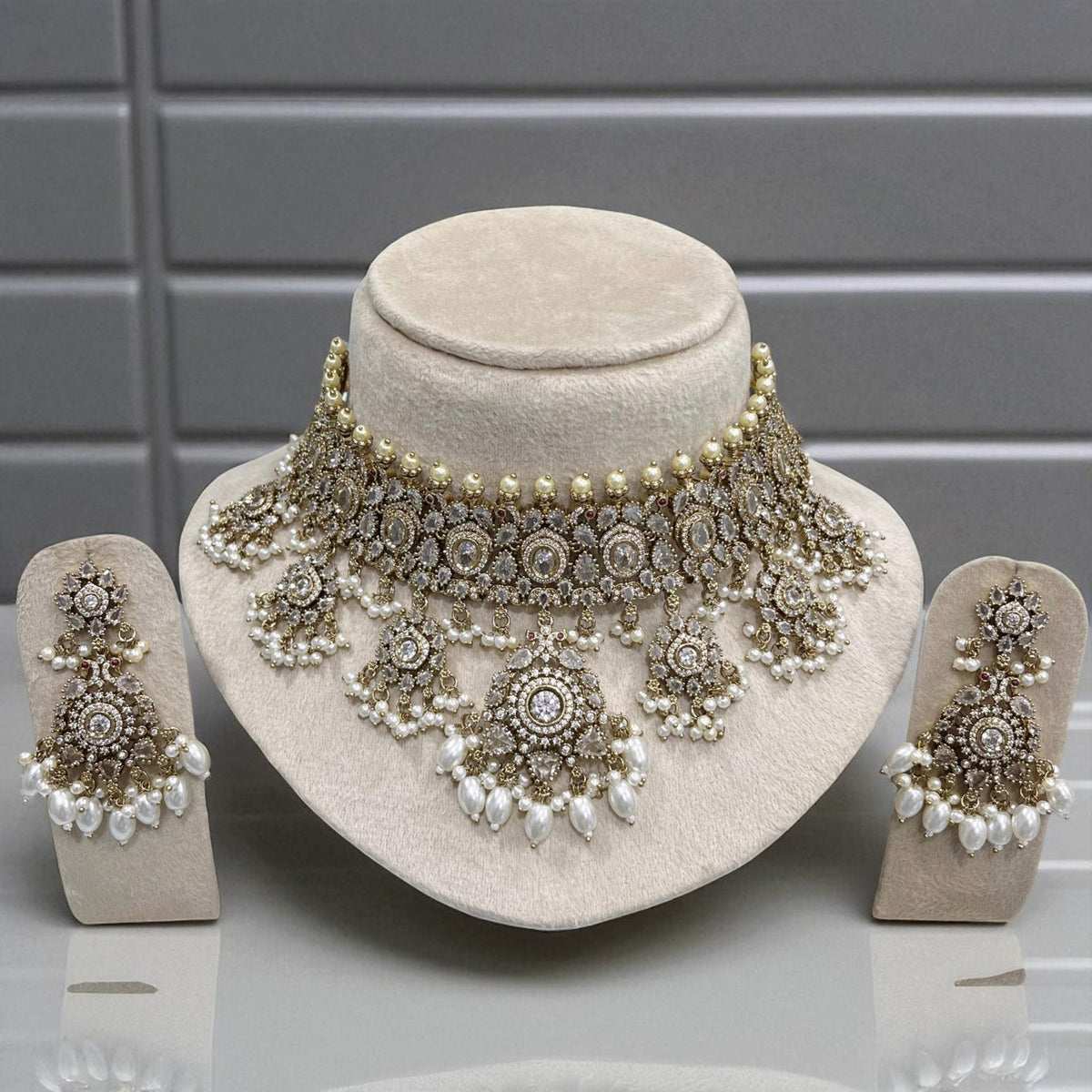 Luxury Mint Green Kundan Choker Pearl Detailing Necklace Set with Beads & Earrings - Libasaa.com